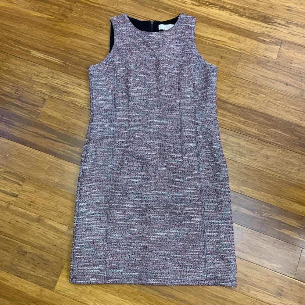 LOFT Petite Tweed Sheath Dress Red White Black Sleeveless Zipper Pockets Size 8P